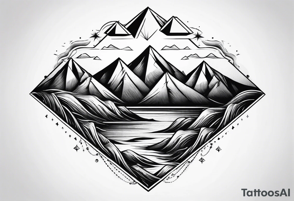 Mountains and ocean waves in a diamond shape tattoo idea