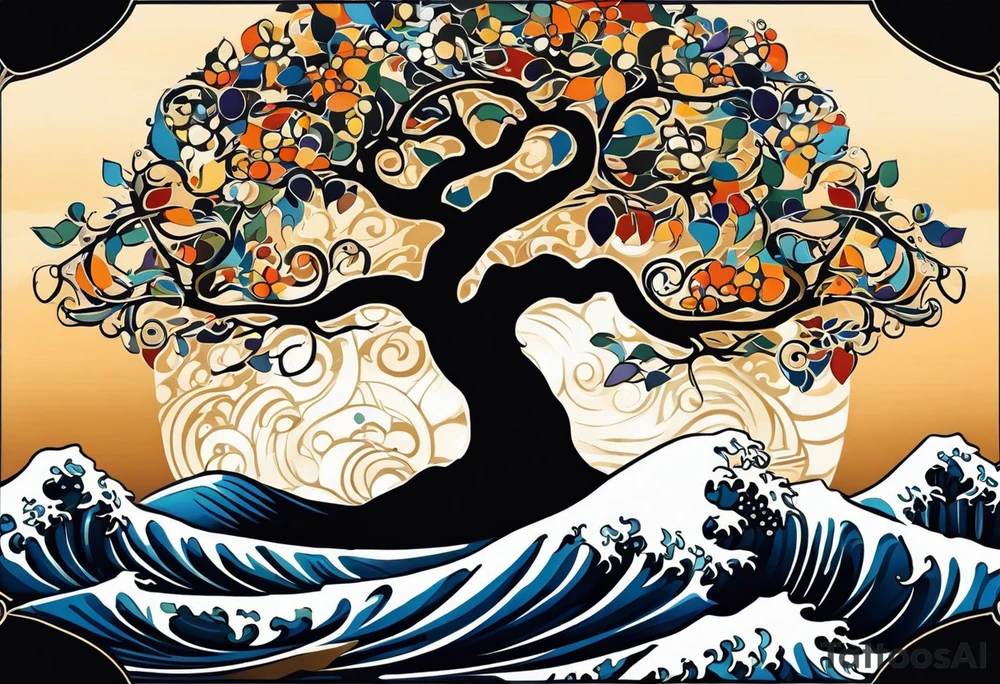 an abstract Tree of Life tattoo. It should have roots growing out of the bottom. The roots slowly turn into water from the Great Wave by Hokusai. A golf flag should be placed discreetly growing out of the ground. 2 license plate tags should be hanging from the tree. Place a few music notes in the areas the leaves should be. The letters A U should be engraving into the tree trunk in a heart. Black and white only. tattoo idea