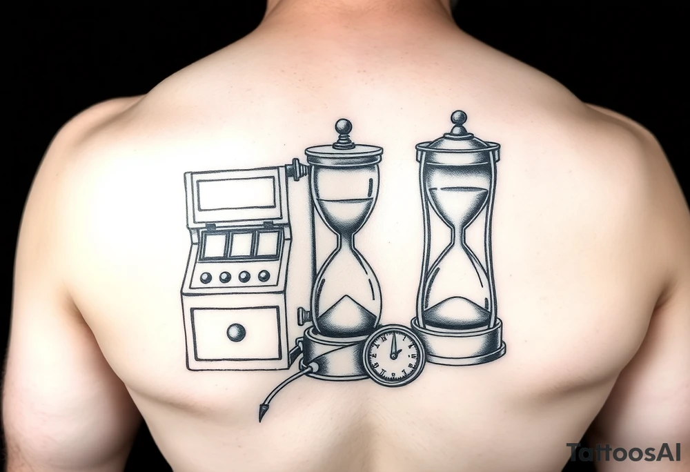 Slot machine next to sand timer and compass tattoo idea