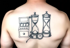 Slot machine next to sand timer and compass tattoo idea