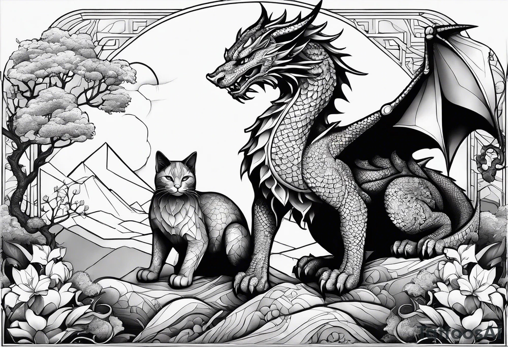 cat and dragon in landscape tattoo idea