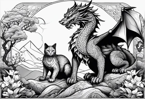 cat and dragon in landscape tattoo idea