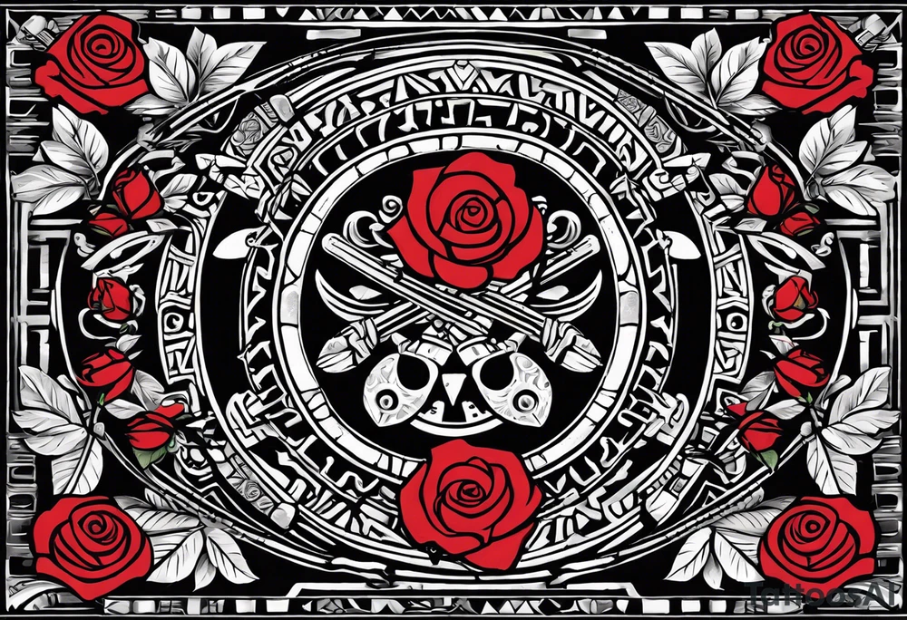 Design a masculine tattoo depicting three delicate rose buds being embraced and protected by a pile of Aztec weapons. The weapons should include elements such as the macuahuitl (Aztec sword-club), obsidian blades, and shields, arranged in a way that forms a protective circle or embrace around the roses. Carve the entire image as if it were a stone sculpture by an ancient Aztec artist, with the texture resembling intricately detailed stone carvings. The roses should be slightly softer but still stylized in stone, giving the entire tattoo a powerful, yet artistic and ancient feel. Use bold, sharp lines to capture the essence of Aztec craftsmanship tattoo idea