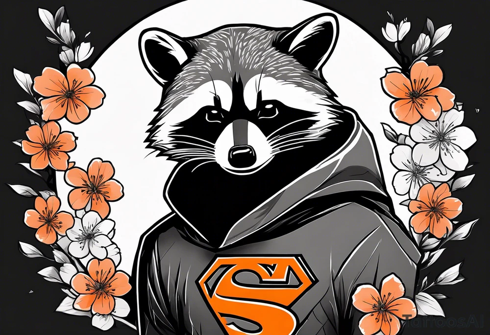 Raccoon wearing a white Superman logo on a black hoodie and orange Japanese cherry blossoms tattoo idea