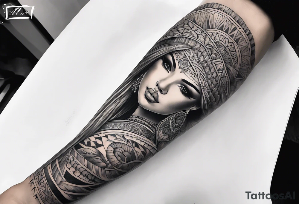 arm sleeve tattoo, cultural tattoo idea