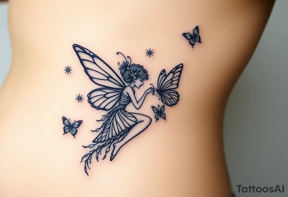 Small butterflies with sparkles falling as they surround a beautiful fairy with a young fairy staying close to to the other fairy with the butterflies looking to play tattoo idea