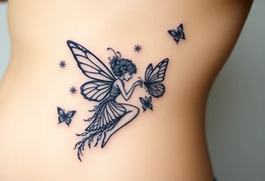Small butterflies with sparkles falling as they surround a beautiful fairy with a young fairy staying close to to the other fairy with the butterflies looking to play tattoo idea