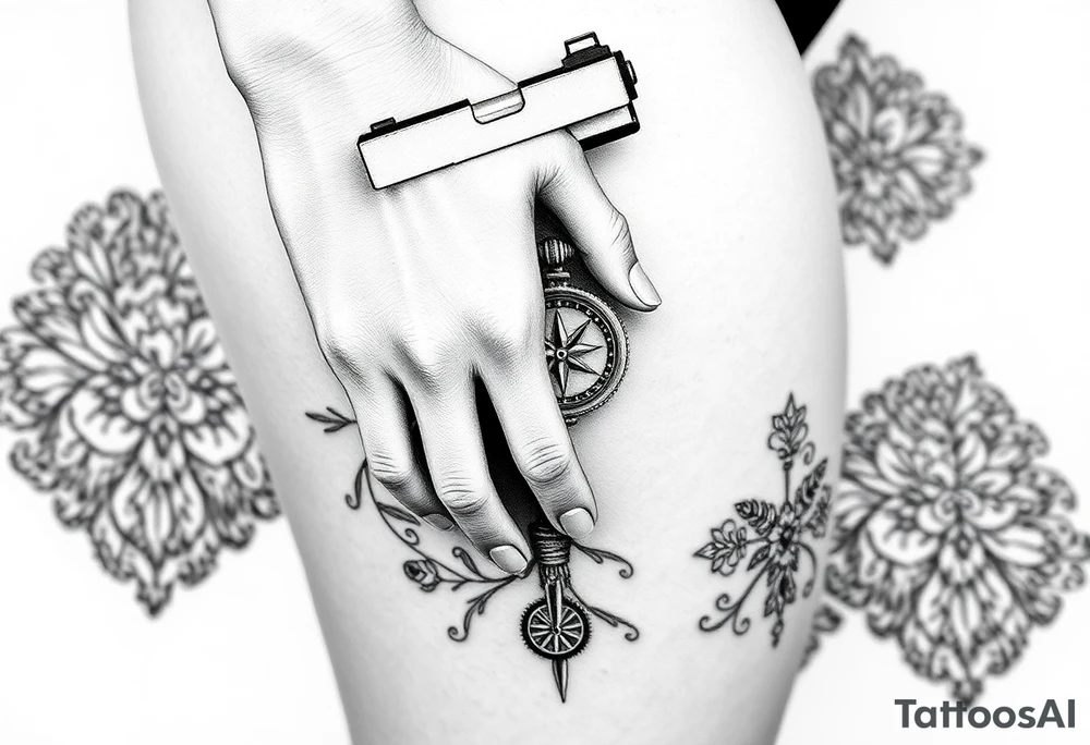 Feminine hand holding hand gun and compass, lace in background tattoo idea