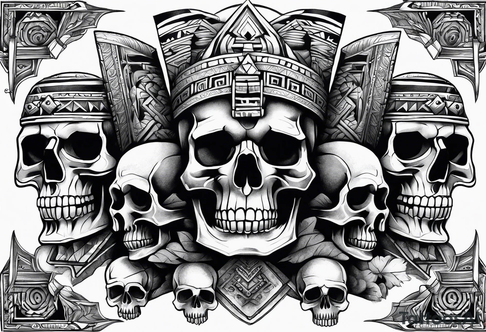 Aztec pyramids and wall of skulls sleeve tattoo idea