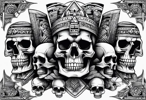 Aztec pyramids and wall of skulls sleeve tattoo idea