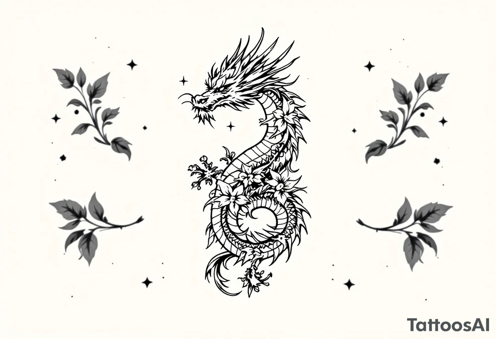 un dragon central entouré de fleurs de lys tattoo idea