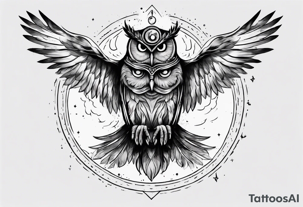 Wise Crowned Owl with the third eye flying towards the Dark Moon. Shoulder tattoo idea
