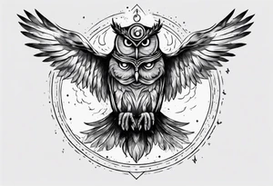 Wise Crowned Owl with the third eye flying towards the Dark Moon. Shoulder tattoo idea