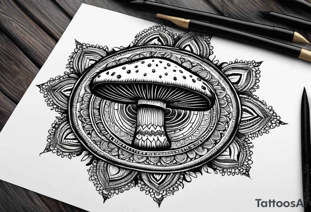 Black mushroom tattoo with henna style mandala design surrounding it tattoo idea
