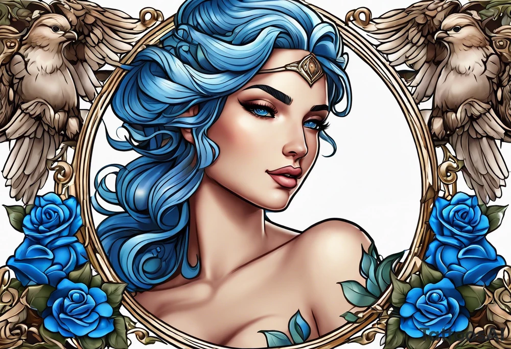 Aphrodite is the goddess of love, with a seaside background, surrounded by birds.. blue roses frames, background blue,present it in a tattoo tattoo idea