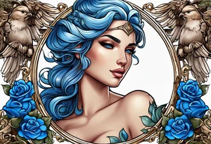 Aphrodite is the goddess of love, with a seaside background, surrounded by birds.. blue roses frames, background blue,present it in a tattoo tattoo idea