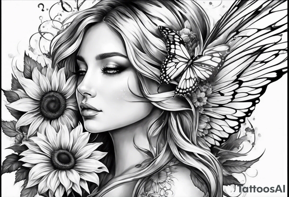Sleeve with angel wings, sunflower and butterfly tattoo idea