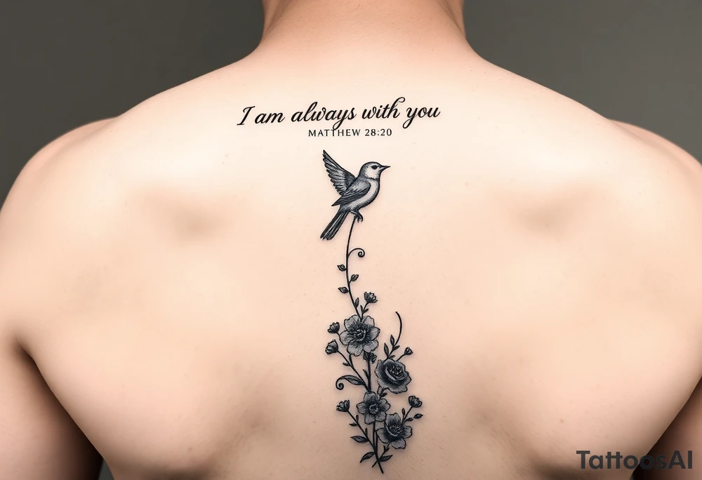 Bible verse “I am always with you Matthew 28:20” with a dainty bird on top with small flowers on the bottom going vertical down the spine tattoo idea