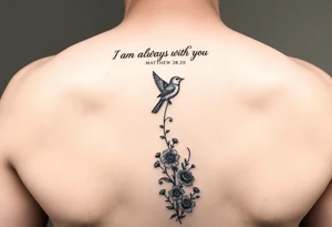 Bible verse “I am always with you Matthew 28:20” with a dainty bird on top with small flowers on the bottom going vertical down the spine tattoo idea