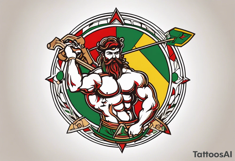 Traditional American tattoo of atlas or someone carrying something on his back, try to keep the colors to a minimum; red, green, brown, yellow tattoo idea