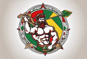Traditional American tattoo of atlas or someone carrying something on his back, try to keep the colors to a minimum; red, green, brown, yellow tattoo idea