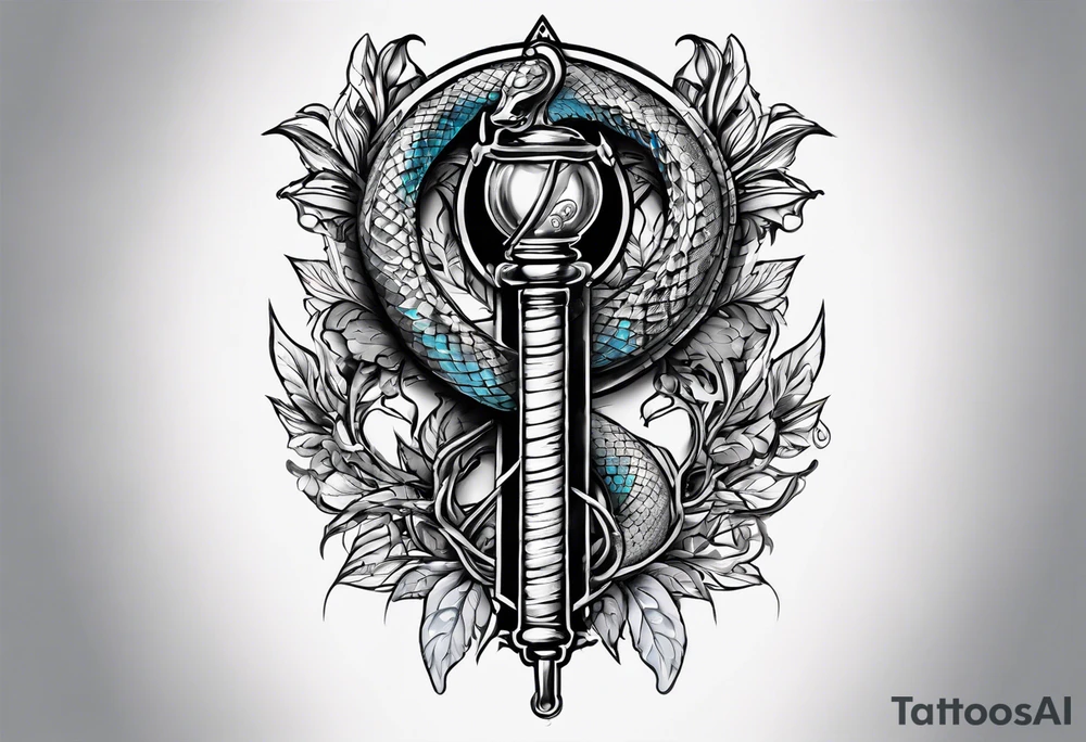 rod of asclepius type 1 diabetic tattoo with a snake wrapped around the staff. The staff to be an old school syringe with blue liquid tattoo idea