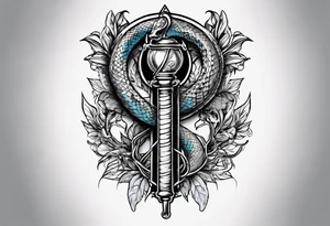 rod of asclepius type 1 diabetic tattoo with a snake wrapped around the staff. The staff to be an old school syringe with blue liquid tattoo idea