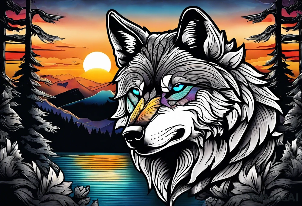 Badass wolf wearing sunglasses
Dark woods
Mountains
Sunset tattoo idea