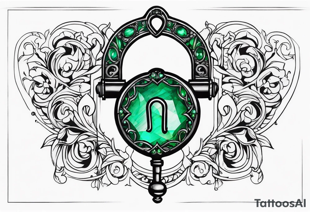 Lock and key with emerald stone tattoo idea