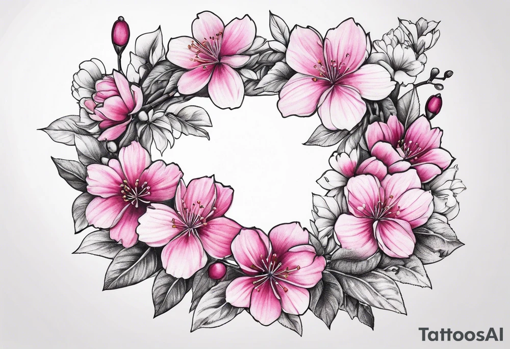 Flower wreath cherry blossoms pinks and purples tattoo idea
