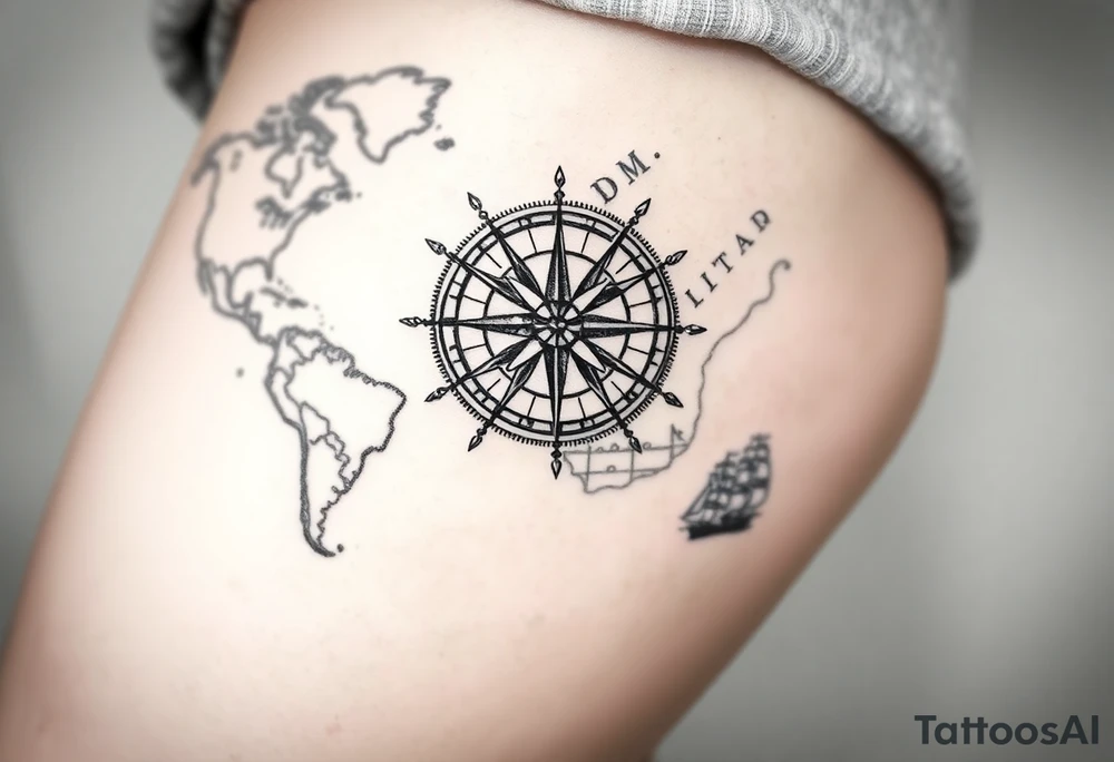 antique compass rose overlaid on weathered world map with sailing ships tattoo idea