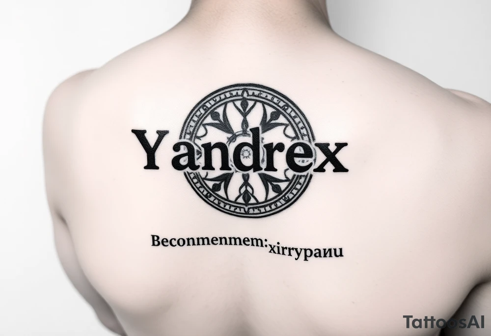 "Yandex.Zen logo, but letters are replaced with samsaric wheels. Slogan below: 'Рекомендуем: нирвану'.  

Style: Censored look (semi-transparent ink). Black/grey, forearm placement." tattoo idea