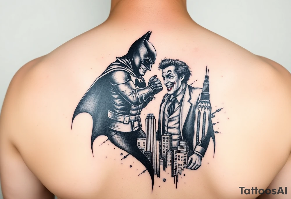 Large format batman and joker fighting in Gotham with buildings tops and bat signal light detailed tattoo idea