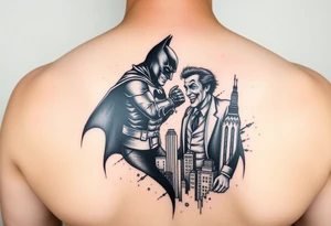 Large format batman and joker fighting in Gotham with buildings tops and bat signal light detailed tattoo idea