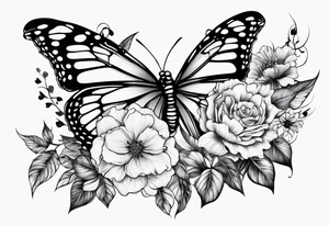 Sexy Skelton  sleeve with butterflies and flowers tattoo idea