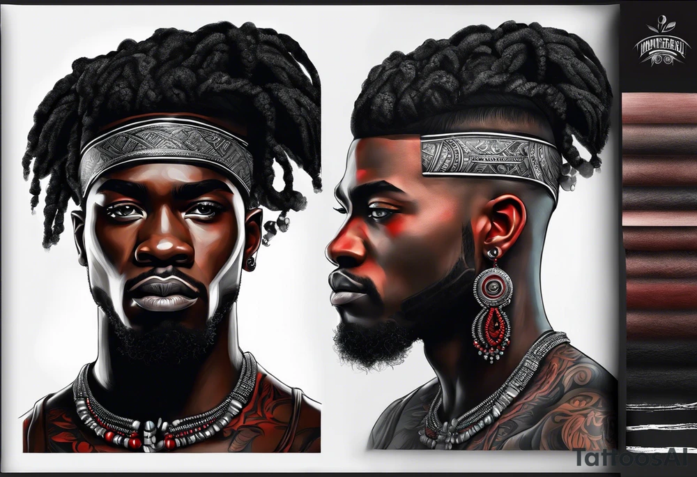 homem divindade africano realista em preto e cinza com os olhos vermelhos. Fundo da imagem com tons vermelhos. Usando na mão um falo de madeira com cabaças penduradas. tattoo idea