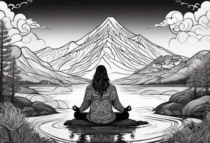 a meditating long haired man by the mountain river, the sky is covered with spiritual pattern tattoo idea
