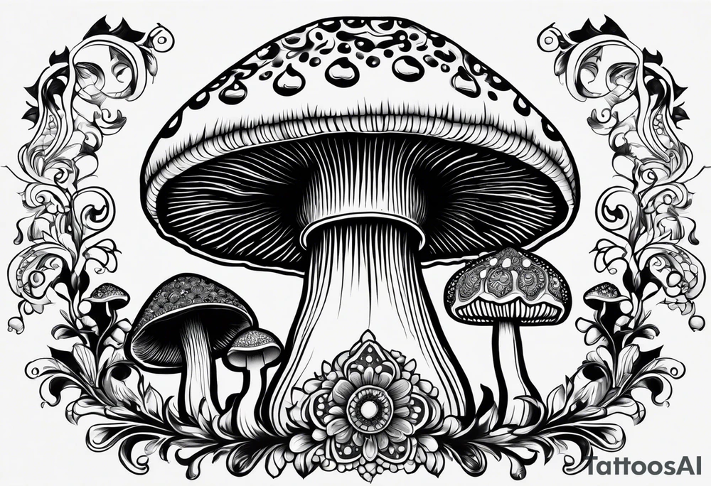 Large Shaggy cap mushroom dripping ink off cap with 4 smaller mushrooms around it mandala henna black tattoo design tattoo idea