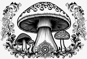 Large Shaggy cap mushroom dripping ink off cap with 4 smaller mushrooms around it mandala henna black tattoo design tattoo idea