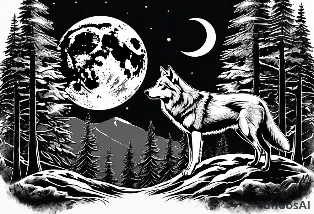Mountain peaks
Two wolves
Moon
Dark woods
Trail tattoo idea