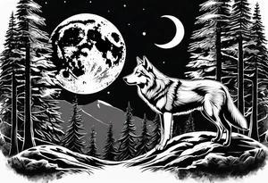 Mountain peaks
Two wolves
Moon
Dark woods
Trail tattoo idea