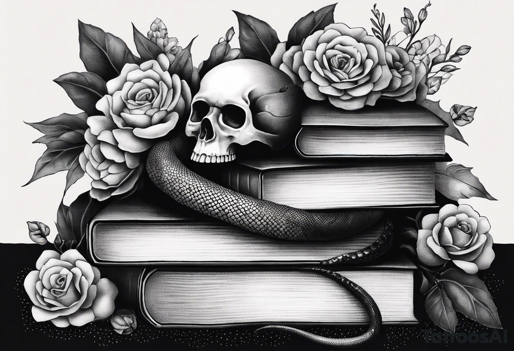 feminine stipple whip tattoo of stacked books and flowers with a snake and skull tattoo idea