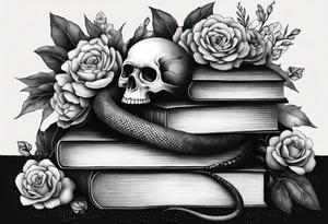 feminine stipple whip tattoo of stacked books and flowers with a snake and skull tattoo idea