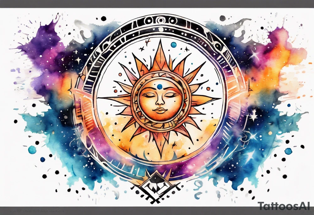 Chest, Tribal watercolor style tattoo design that depicts a radiant sun on left and moon on right, with tribal patterns, geometric swirls, watercolor style tattoo design, mesmerizing blend of vibrant watercolor splashes and cosmic elements like stars, and galaxies, dreamy and otherworldly effect, solar system,astronomy tattoo idea