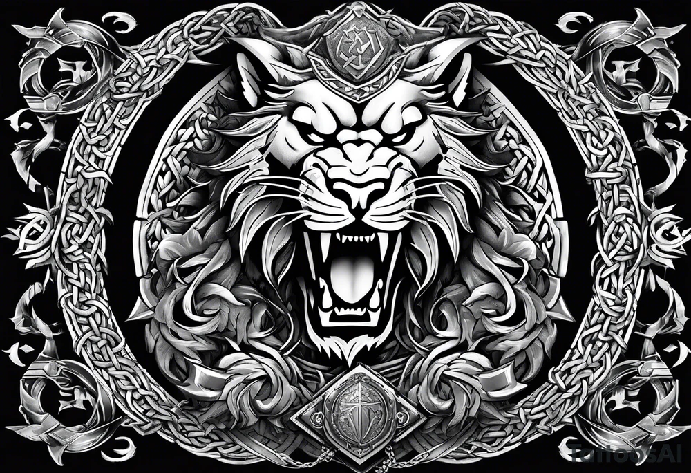 Valhalla sword shield dragon axe Valknut barbed wire chains lion tattoo idea