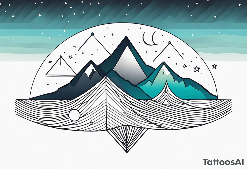 Mountain Massif, one Peak, only peak surrounded woth semi circle dashed Line, in semi circle two littel fine Stars, waves overlapping in Side, Open geometrical Forms Like Diamond with Open lines tattoo idea