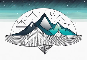 Mountain Massif, one Peak, only peak surrounded woth semi circle dashed Line, in semi circle two littel fine Stars, waves overlapping in Side, Open geometrical Forms Like Diamond with Open lines tattoo idea