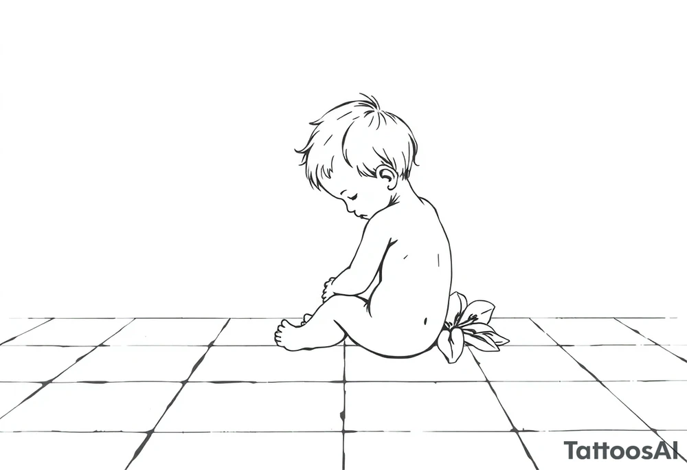 A simple tile floor with a minimalist outline of a curled child sitting on the floor with a lily next to her tattoo idea