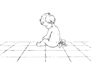 A simple tile floor with a minimalist outline of a curled child sitting on the floor with a lily next to her tattoo idea