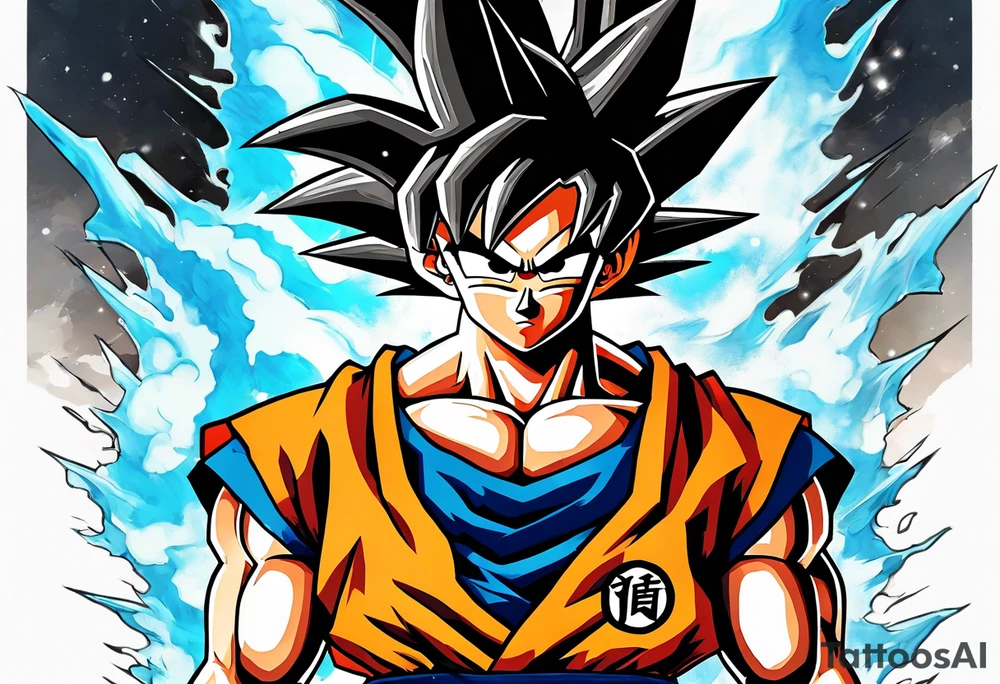 Small Son-Goku in the foreground and an older version of him as a super sayain behind him tattoo idea
